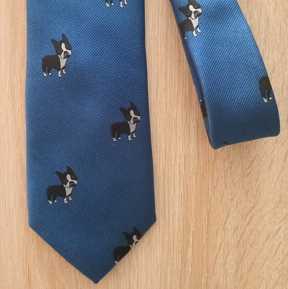 Blue Pug Dog Motif Men's Silk Preppy Skinny Tie